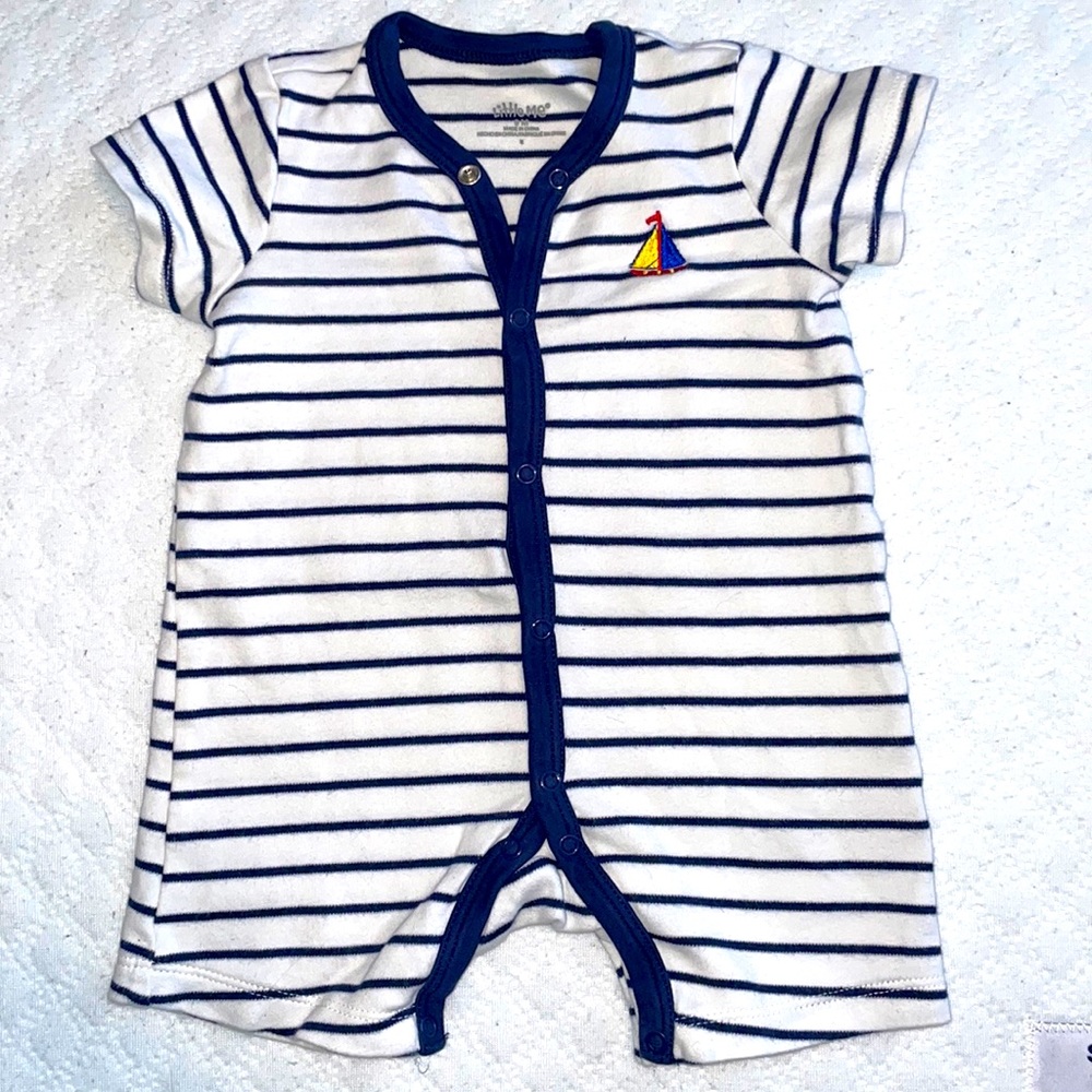 Brand New 9 Month Little Me Nautical Striped Snap Up Romper Shorts